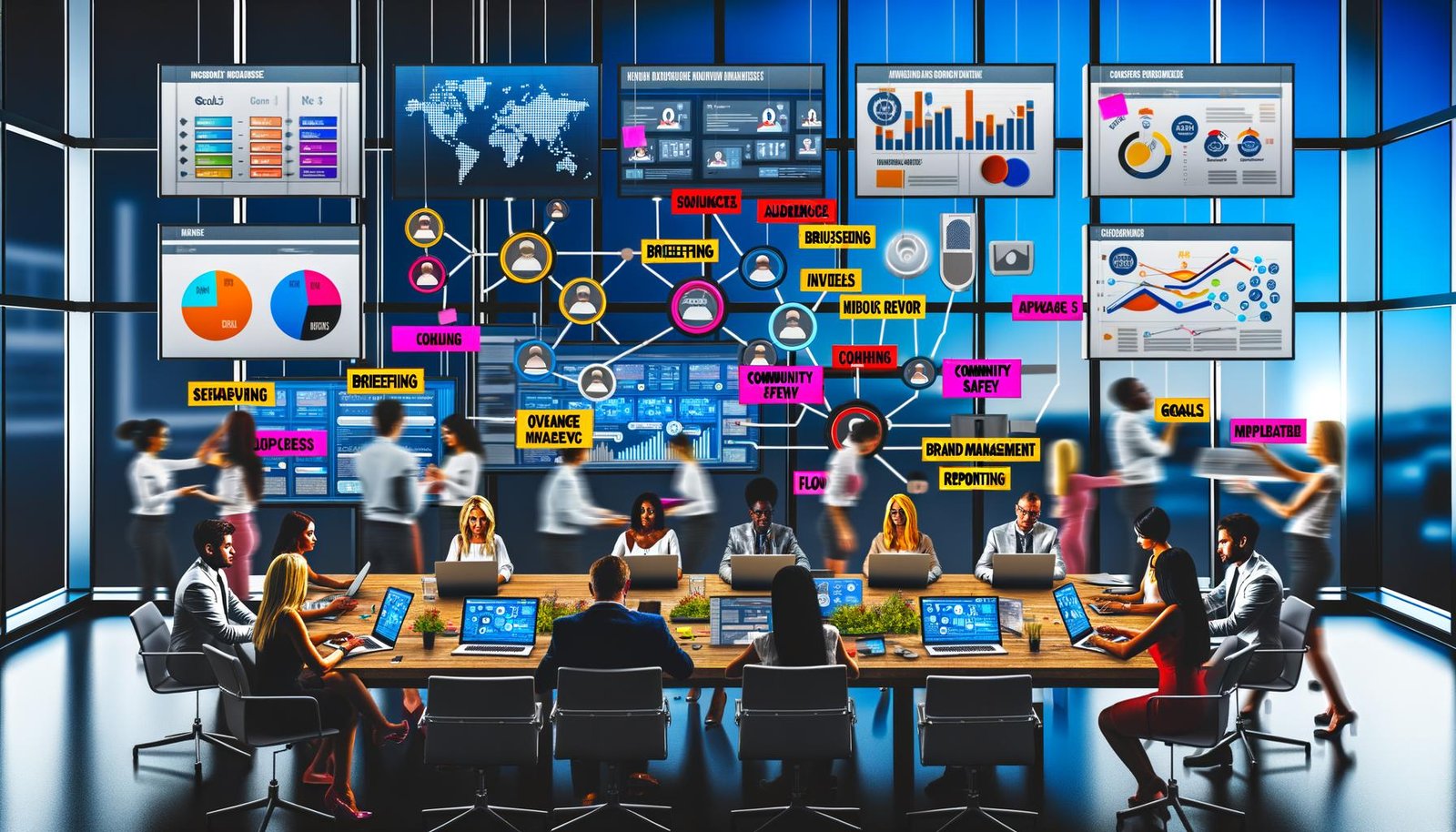 Verschiedenes Marketing-Team in modernem Büro, das an Laptops arbeitet. Im Hintergrund sind Social-Media-Dashboards, KPI-Grafiken und Influencer-Profile auf Bildschirmen sichtbar. Mitarbeiter legen bunte Post-Its mit strategischen Begriffen auf den Tisch.