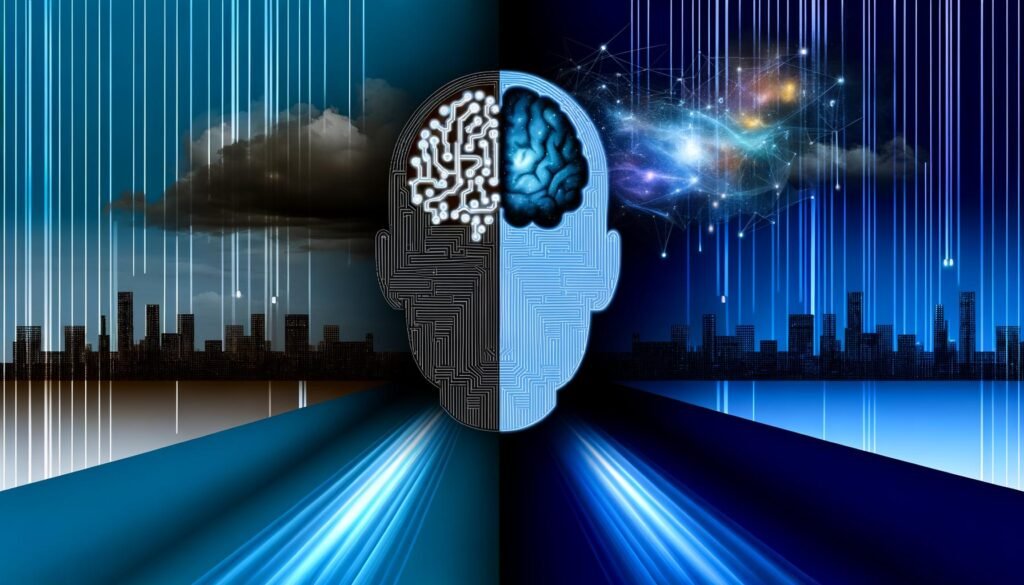 Abstraktes Titelbild: Menschlicher Kopf mit KI-Schaltkreisen und menschlichem Gehirn, im Hintergrund eine dunkle und eine helle Stadt, symbolisierend Risiko und Chance der Technologie.