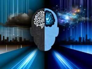 Abstraktes Titelbild: Menschlicher Kopf mit KI-Schaltkreisen und menschlichem Gehirn, im Hintergrund eine dunkle und eine helle Stadt, symbolisierend Risiko und Chance der Technologie.