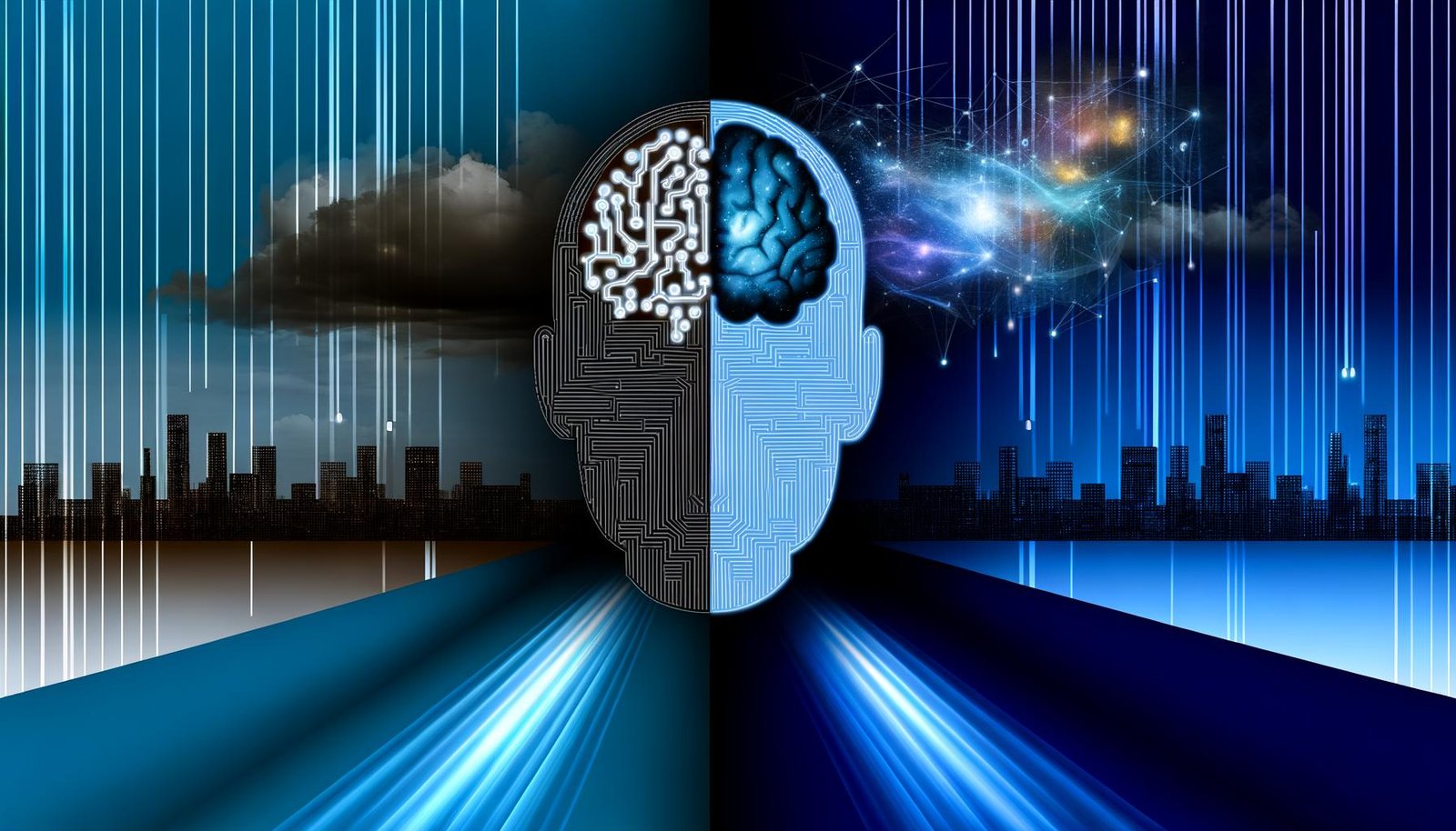 Abstraktes Titelbild: Menschlicher Kopf mit KI-Schaltkreisen und menschlichem Gehirn, im Hintergrund eine dunkle und eine helle Stadt, symbolisierend Risiko und Chance der Technologie.