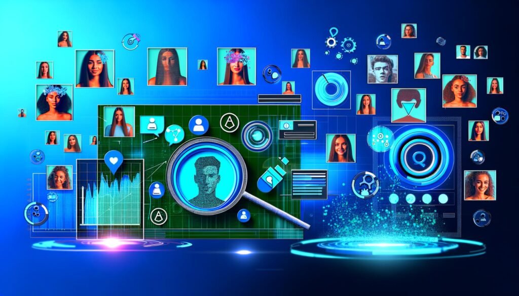 Dynamische Collage mit digitalen Dashboards, Influencer-Profilbildern, KI-Symbolen, Filterfunktionen und Markensymbolen, die die Verbindung von Marken und passenden Influencern mittels Technologie visualisiert.