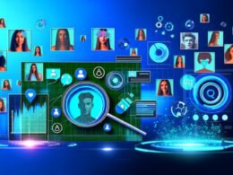 Dynamische Collage mit digitalen Dashboards, Influencer-Profilbildern, KI-Symbolen, Filterfunktionen und Markensymbolen, die die Verbindung von Marken und passenden Influencern mittels Technologie visualisiert.