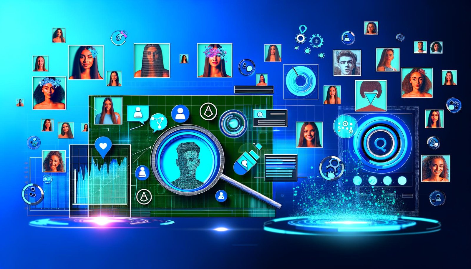 Dynamische Collage mit digitalen Dashboards, Influencer-Profilbildern, KI-Symbolen, Filterfunktionen und Markensymbolen, die die Verbindung von Marken und passenden Influencern mittels Technologie visualisiert.