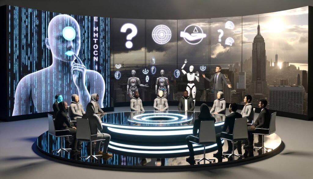 Vielschichtige Panel-Diskussion über KI-Moral mit Menschen und Roboter in moderner Stadt, umgeben von Servern, Überwachungstechnik und digitalen Ethik-Symbolen.
