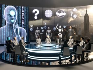 Vielschichtige Panel-Diskussion über KI-Moral mit Menschen und Roboter in moderner Stadt, umgeben von Servern, Überwachungstechnik und digitalen Ethik-Symbolen.