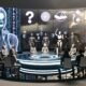 Vielschichtige Panel-Diskussion über KI-Moral mit Menschen und Roboter in moderner Stadt, umgeben von Servern, Überwachungstechnik und digitalen Ethik-Symbolen.
