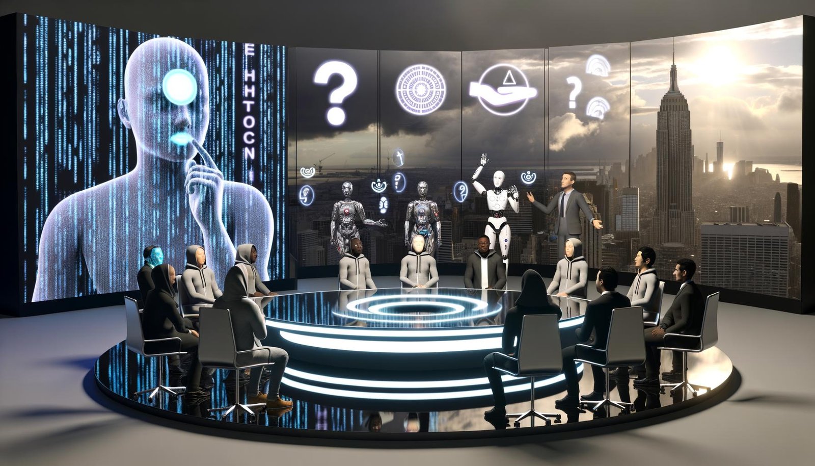 Vielschichtige Panel-Diskussion über KI-Moral mit Menschen und Roboter in moderner Stadt, umgeben von Servern, Überwachungstechnik und digitalen Ethik-Symbolen.