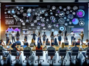 Marketing-Team analysiert digitale Touchpoints und Echtzeitdaten auf großem Hightech-Dashboard im modernen Büro.