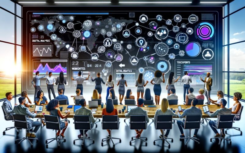 Marketing-Team analysiert digitale Touchpoints und Echtzeitdaten auf großem Hightech-Dashboard im modernen Büro.
