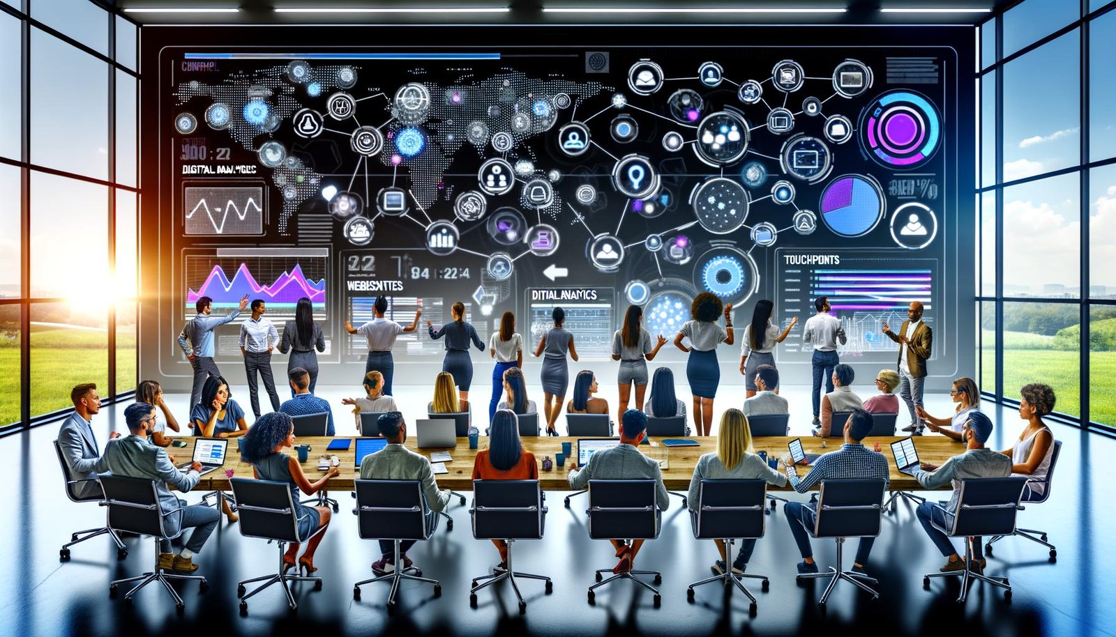 Marketing-Team analysiert digitale Touchpoints und Echtzeitdaten auf großem Hightech-Dashboard im modernen Büro.