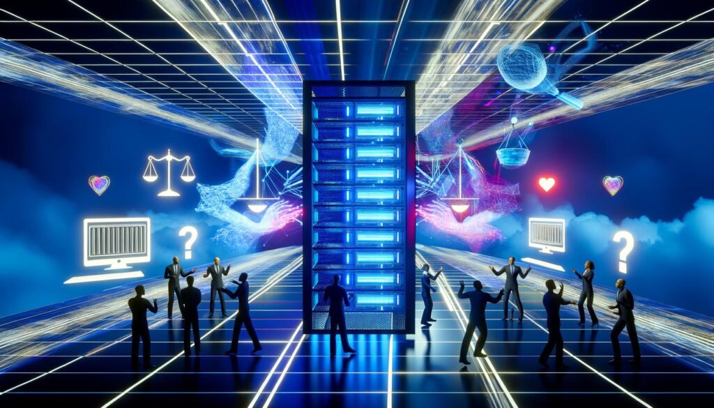 Dramatische Szene mit Server-Schrank, menschlichen Silhouetten und visualisiertem Algorithmus in futuristischem Büro, ergänzt durch Symbole für Gerechtigkeit, Moral und Unsicherheit