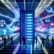Dramatische Szene mit Server-Schrank, menschlichen Silhouetten und visualisiertem Algorithmus in futuristischem Büro, ergänzt durch Symbole für Gerechtigkeit, Moral und Unsicherheit