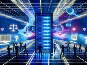 Dramatische Szene mit Server-Schrank, menschlichen Silhouetten und visualisiertem Algorithmus in futuristischem Büro, ergänzt durch Symbole für Gerechtigkeit, Moral und Unsicherheit