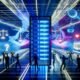 Dramatische Szene mit Server-Schrank, menschlichen Silhouetten und visualisiertem Algorithmus in futuristischem Büro, ergänzt durch Symbole für Gerechtigkeit, Moral und Unsicherheit
