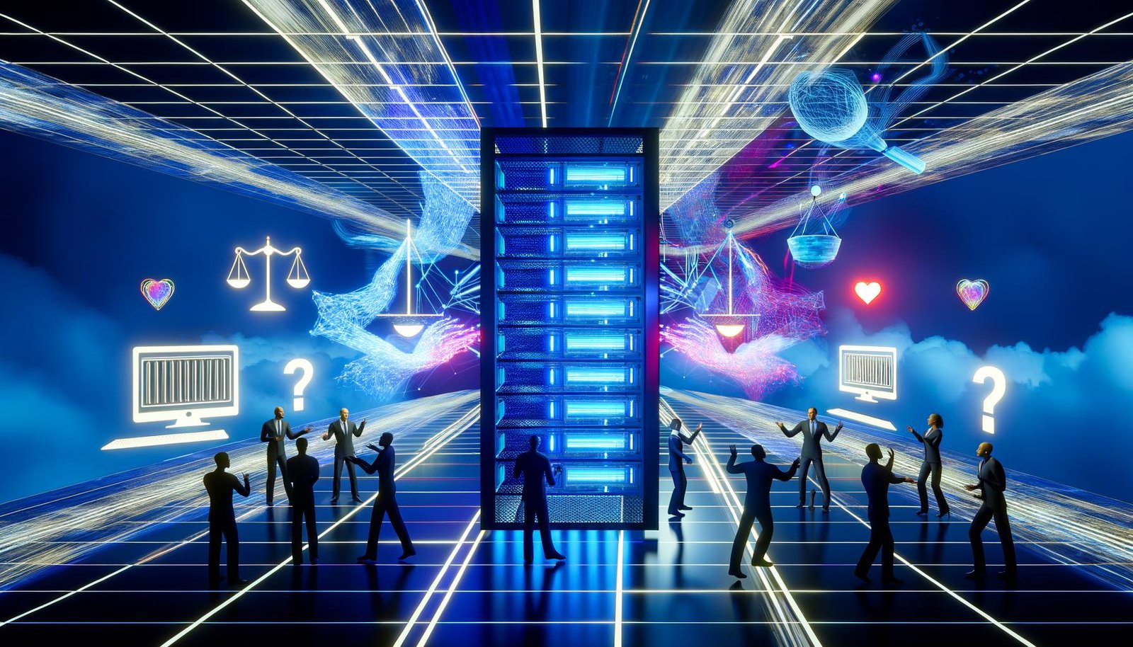 Dramatische Szene mit Server-Schrank, menschlichen Silhouetten und visualisiertem Algorithmus in futuristischem Büro, ergänzt durch Symbole für Gerechtigkeit, Moral und Unsicherheit