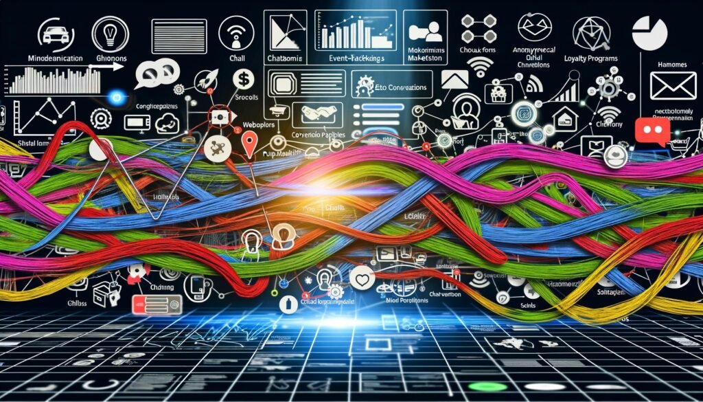 Spaghettiartige, verschlungene Customer Journey Map mit verschiedenen digitalen Touchpoints und hervorgehobenen versteckten Conversion-Fallen, dargestellt in einer energiegeladenen Collage mit Daten-Dashboards und Heatmaps.