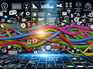 Spaghettiartige, verschlungene Customer Journey Map mit verschiedenen digitalen Touchpoints und hervorgehobenen versteckten Conversion-Fallen, dargestellt in einer energiegeladenen Collage mit Daten-Dashboards und Heatmaps.