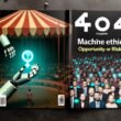 Düsteres Zirkus-Setting mit humanoidem Roboter-Zirkusdirektor, der einen moralischen Kompass hält. Links angsterfüllte Geschäftsmenschen, rechts jubelnde Technikfans mit Gadgets, dazwischen Banner mit ‚Maschinenethik: Chancen oder Risiko?‘; im Hintergrund vermischte menschliche und algorithmische Gesichter.