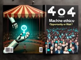 Düsteres Zirkus-Setting mit humanoidem Roboter-Zirkusdirektor, der einen moralischen Kompass hält. Links angsterfüllte Geschäftsmenschen, rechts jubelnde Technikfans mit Gadgets, dazwischen Banner mit ‚Maschinenethik: Chancen oder Risiko?‘; im Hintergrund vermischte menschliche und algorithmische Gesichter.
