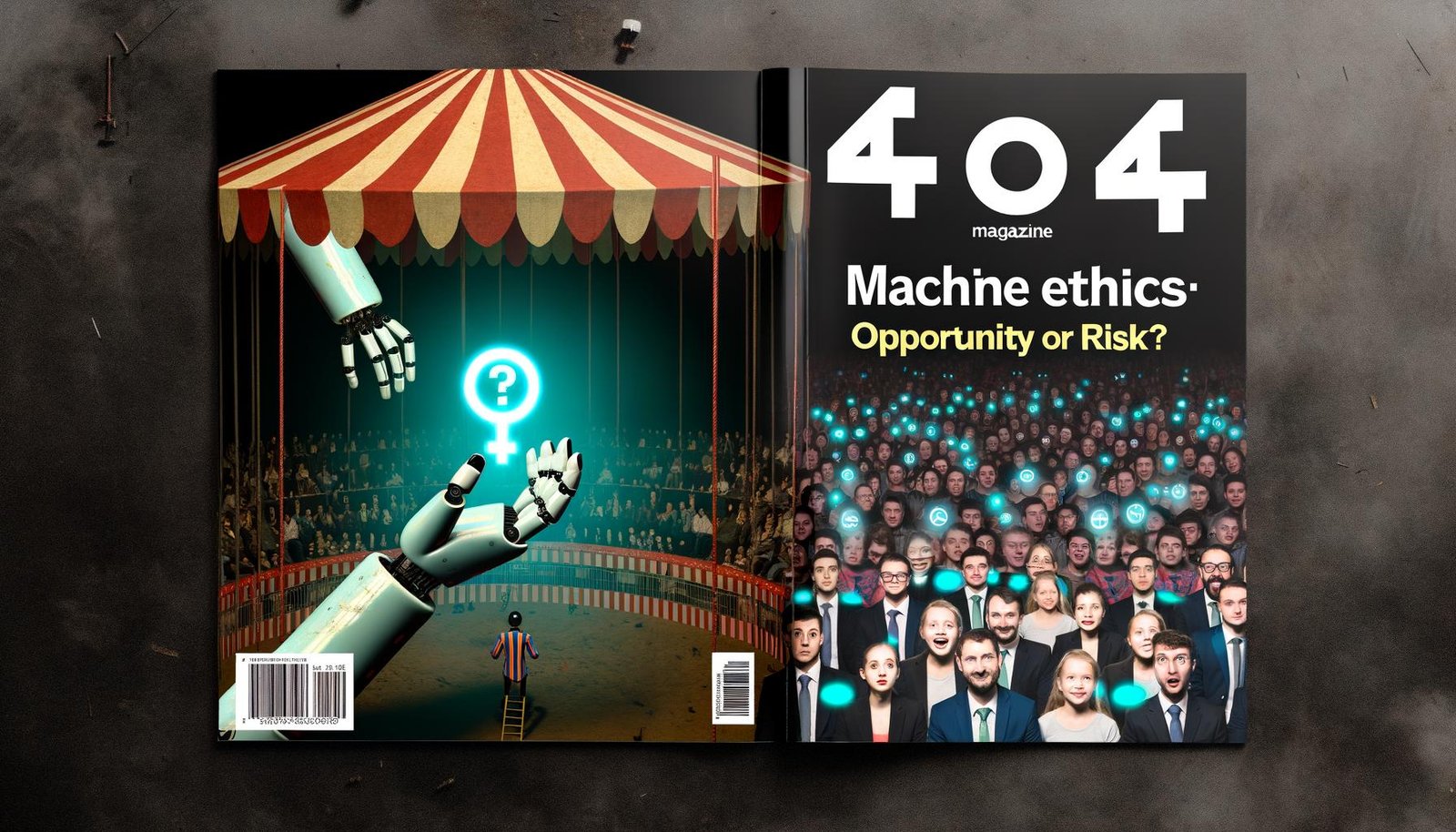 Düsteres Zirkus-Setting mit humanoidem Roboter-Zirkusdirektor, der einen moralischen Kompass hält. Links angsterfüllte Geschäftsmenschen, rechts jubelnde Technikfans mit Gadgets, dazwischen Banner mit ‚Maschinenethik: Chancen oder Risiko?‘; im Hintergrund vermischte menschliche und algorithmische Gesichter.