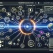 Dunkles, modernes Dashboard mit Touchpoint-Analyse, Visualisierung von Netzwerkdaten, Touchpoints wie Smartphone, Desktop, Social Media, Store und Warnsymbolen für Drop-Offs, zentraler Kreis mit Plattformtitel.