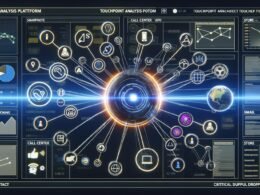Dunkles, modernes Dashboard mit Touchpoint-Analyse, Visualisierung von Netzwerkdaten, Touchpoints wie Smartphone, Desktop, Social Media, Store und Warnsymbolen für Drop-Offs, zentraler Kreis mit Plattformtitel.