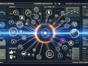 Dunkles, modernes Dashboard mit Touchpoint-Analyse, Visualisierung von Netzwerkdaten, Touchpoints wie Smartphone, Desktop, Social Media, Store und Warnsymbolen für Drop-Offs, zentraler Kreis mit Plattformtitel.
