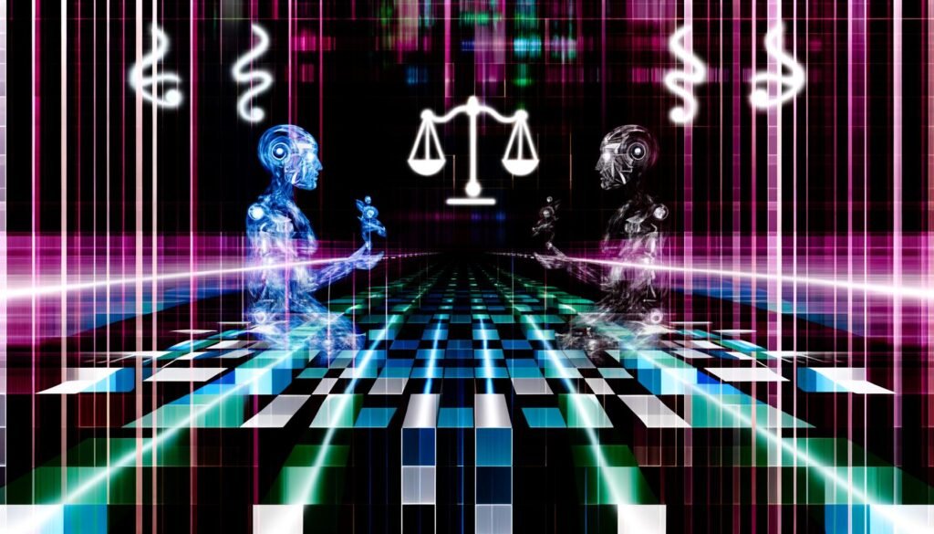 Abstrakter Roboter und Mensch stehen sich auf einem leuchtenden, halbtransparenten Schachbrett gegenüber, dahinter verschwommene Waage und Algorithmus-Code, intensive Neonfarben und starker Schwarz-Weiß-Kontrast.