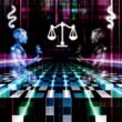 Abstrakter Roboter und Mensch stehen sich auf einem leuchtenden, halbtransparenten Schachbrett gegenüber, dahinter verschwommene Waage und Algorithmus-Code, intensive Neonfarben und starker Schwarz-Weiß-Kontrast.