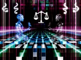 Abstrakter Roboter und Mensch stehen sich auf einem leuchtenden, halbtransparenten Schachbrett gegenüber, dahinter verschwommene Waage und Algorithmus-Code, intensive Neonfarben und starker Schwarz-Weiß-Kontrast.