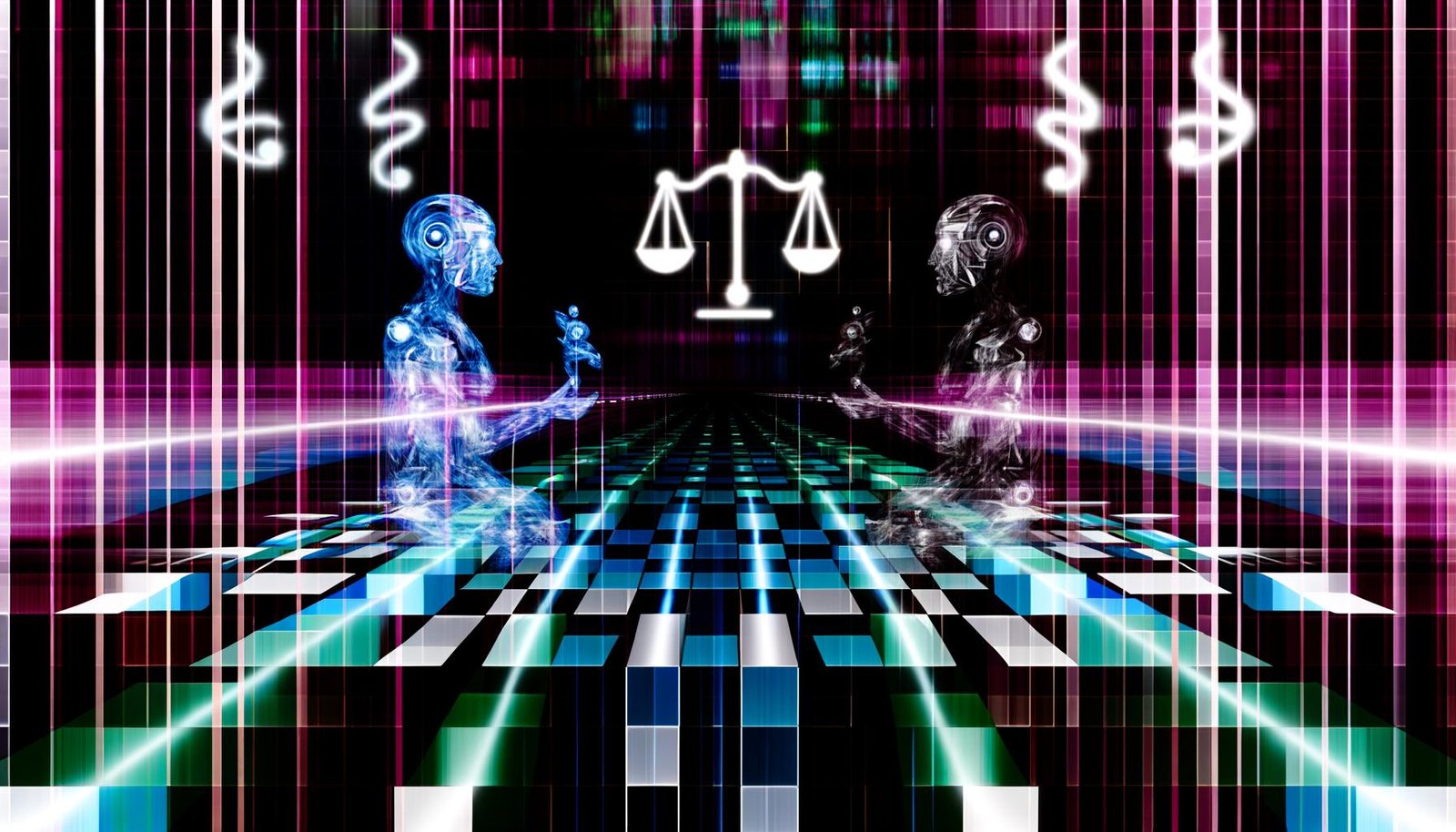 Abstrakter Roboter und Mensch stehen sich auf einem leuchtenden, halbtransparenten Schachbrett gegenüber, dahinter verschwommene Waage und Algorithmus-Code, intensive Neonfarben und starker Schwarz-Weiß-Kontrast.