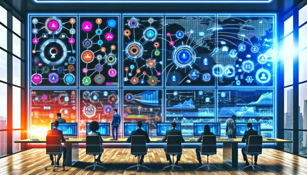 Business-Analysten und Marketers analysieren in einem modernen, hellen Data-Analytics-Büro auf riesigen Bildschirmen und Laptops bunte Marketing-Datenströme und Customer-Journey-Maps im Mission-Control-Stil.
