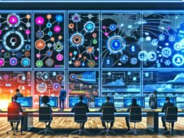 Business-Analysten und Marketers analysieren in einem modernen, hellen Data-Analytics-Büro auf riesigen Bildschirmen und Laptops bunte Marketing-Datenströme und Customer-Journey-Maps im Mission-Control-Stil.