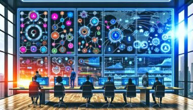 Business-Analysten und Marketers analysieren in einem modernen, hellen Data-Analytics-Büro auf riesigen Bildschirmen und Laptops bunte Marketing-Datenströme und Customer-Journey-Maps im Mission-Control-Stil.