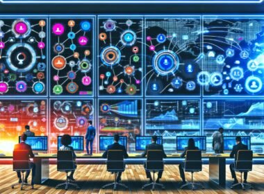 Business-Analysten und Marketers analysieren in einem modernen, hellen Data-Analytics-Büro auf riesigen Bildschirmen und Laptops bunte Marketing-Datenströme und Customer-Journey-Maps im Mission-Control-Stil.