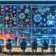 Business-Analysten und Marketers analysieren in einem modernen, hellen Data-Analytics-Büro auf riesigen Bildschirmen und Laptops bunte Marketing-Datenströme und Customer-Journey-Maps im Mission-Control-Stil.
