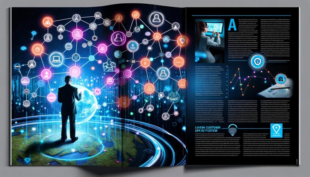 Magazin-Doppelseite mit Geschäftsexperten, der eine transparente digitale Karte mit verschiedenen Kunden-Touchpoints und Datenanalysen betrachtet