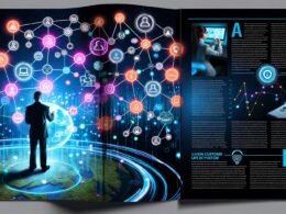 Magazin-Doppelseite mit Geschäftsexperten, der eine transparente digitale Karte mit verschiedenen Kunden-Touchpoints und Datenanalysen betrachtet