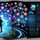 Magazin-Doppelseite mit Geschäftsexperten, der eine transparente digitale Karte mit verschiedenen Kunden-Touchpoints und Datenanalysen betrachtet