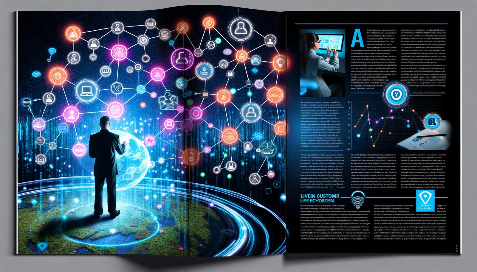 Magazin-Doppelseite mit Geschäftsexperten, der eine transparente digitale Karte mit verschiedenen Kunden-Touchpoints und Datenanalysen betrachtet