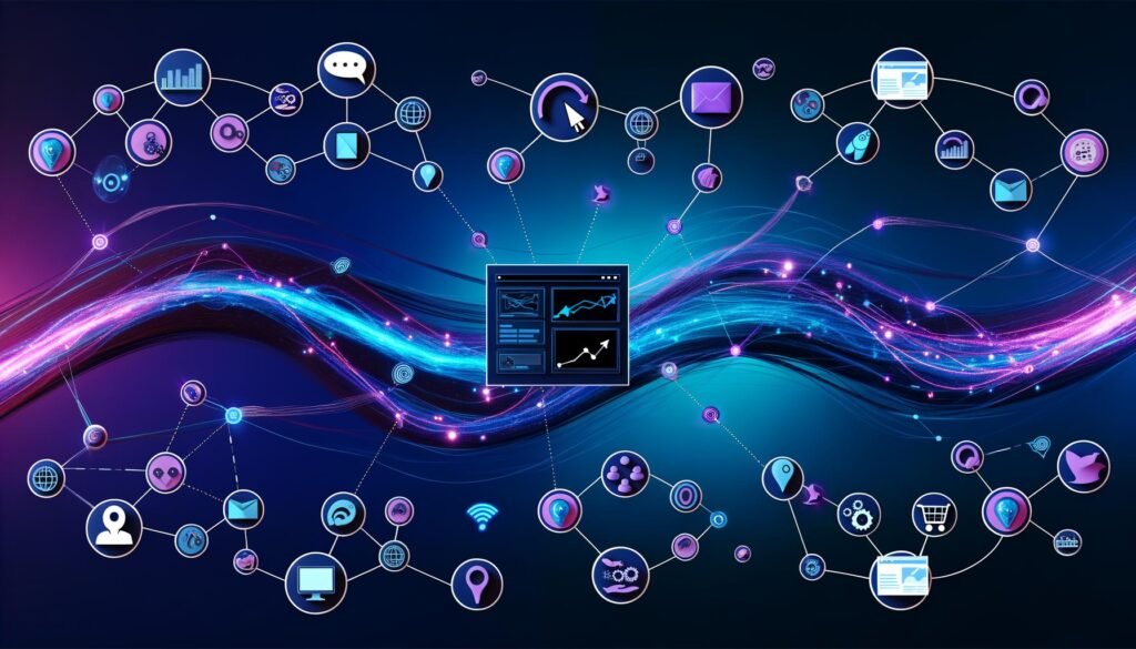Abstrakte Visualisierung einer digitalen Customer Journey mit leuchtenden Linien, verschiedenen Kanälen und Touchpoint-Symbolen auf dunklem Hintergrund, zentrales Dashboard mit Analysediagrammen.