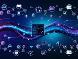 Abstrakte Visualisierung einer digitalen Customer Journey mit leuchtenden Linien, verschiedenen Kanälen und Touchpoint-Symbolen auf dunklem Hintergrund, zentrales Dashboard mit Analysediagrammen.