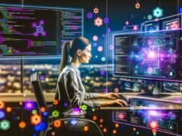 Softwareentwickler in High-Tech-Umgebung mit Monitoren, die Code, Flowcharts und Voice Assistant Skill-Diagramme für Alexa und Google zeigen