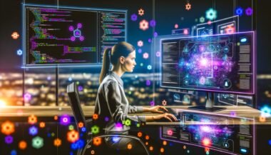 Softwareentwickler in High-Tech-Umgebung mit Monitoren, die Code, Flowcharts und Voice Assistant Skill-Diagramme für Alexa und Google zeigen