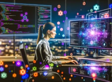 Softwareentwickler in High-Tech-Umgebung mit Monitoren, die Code, Flowcharts und Voice Assistant Skill-Diagramme für Alexa und Google zeigen