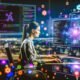 Softwareentwickler in High-Tech-Umgebung mit Monitoren, die Code, Flowcharts und Voice Assistant Skill-Diagramme für Alexa und Google zeigen