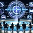 Futuristischer Konferenzraum mit digitaler Tafel, auf der ‚Anchor Voice Commerce Blueprint‘ steht. Hologramme von Marken-Logos vereinen sich zu einem Bauplan, umgeben von Technikbegeisterten beim Workshop.