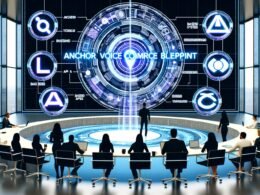 Futuristischer Konferenzraum mit digitaler Tafel, auf der ‚Anchor Voice Commerce Blueprint‘ steht. Hologramme von Marken-Logos vereinen sich zu einem Bauplan, umgeben von Technikbegeisterten beim Workshop.