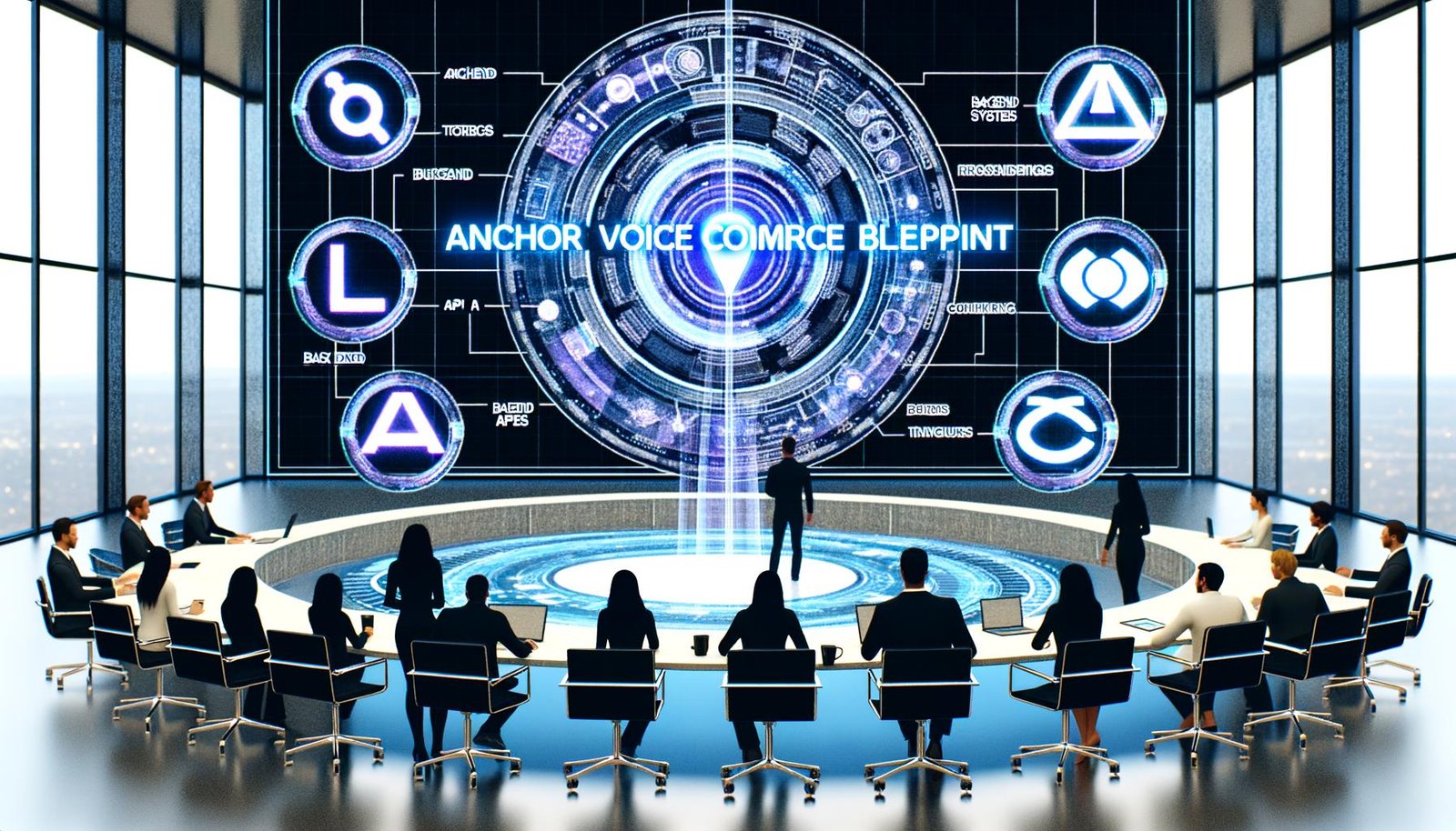 Futuristischer Konferenzraum mit digitaler Tafel, auf der ‚Anchor Voice Commerce Blueprint‘ steht. Hologramme von Marken-Logos vereinen sich zu einem Bauplan, umgeben von Technikbegeisterten beim Workshop.
