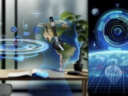 Futuristische Hörszene mit Person und AirPods Pro im High-Tech Setting, umgeben von schwebenden Audio-Layern, digitalen Sensor-Symbolen und holographischen Podcast-Wellen in urbaner Smart-Home-Umgebung.
